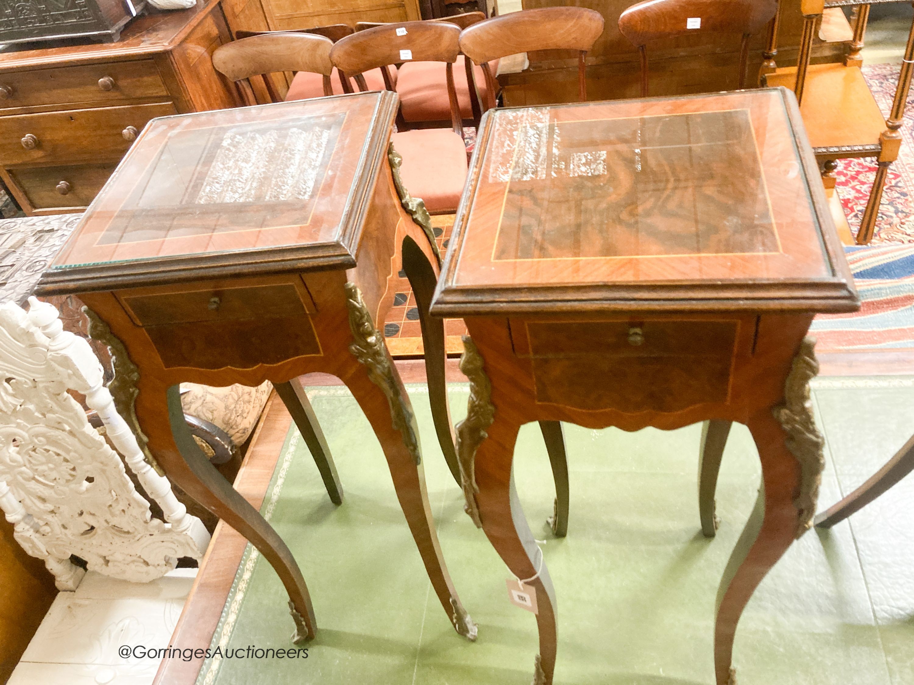 A pair of French style mahogany and walnut jardiniere stands, width 32cm, depth 32cm, height 76cm